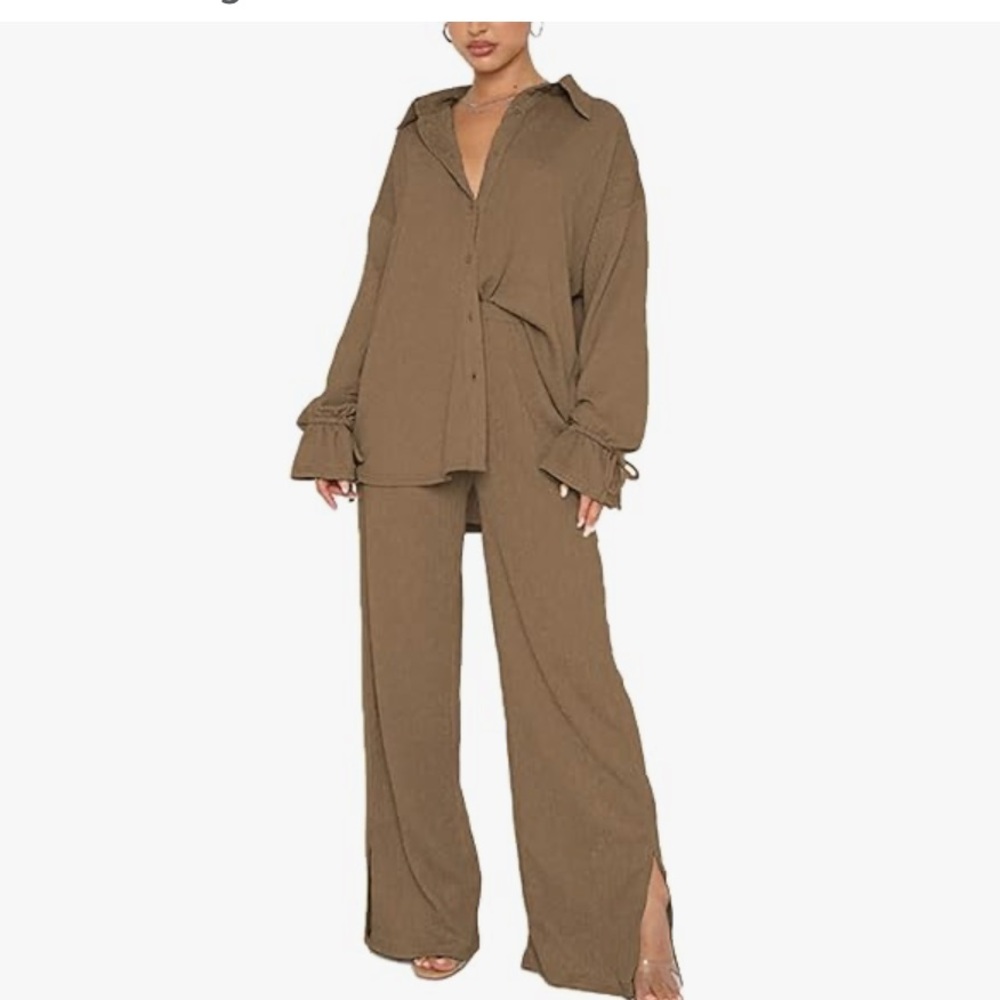 2 piece outfit wide leg pant and button up
